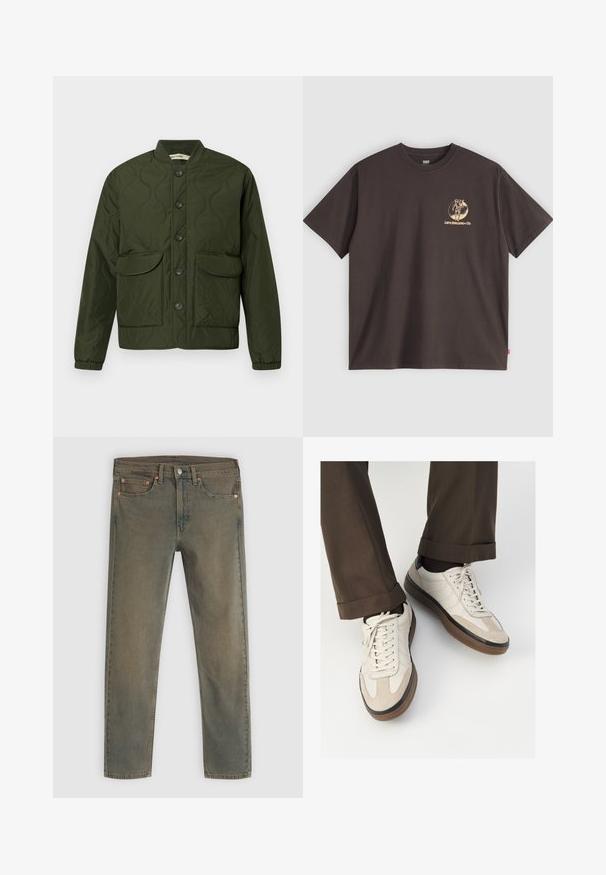 Jachetă verde matlasată cu închidere tip buton, două buzunare mari cu clapete, manșete ribbate și guler rotunjit. Model texturat pe întreaga suprafață.; Tricou din bumbac de culoare maro închis, cu mâneci scurte, având un design al logo-ului de culoare aurie pe pieptul stâng și o etichetă roșie pe tivul lateral.; Jeans din denim verde închis cu un design cu picior drept, cinci buzunare și accente din cupru. Textura decolorată adaugă un aspect uzat.; Adidași bej cu un vârf din suede texturat, laterale din piele netedă și o talpă din cauciuc maro. Șireturile și detalii de cusătură subtilă incluse.