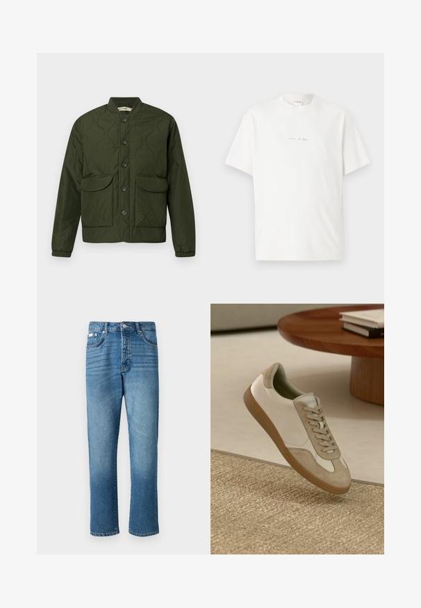 Groene gewatteerde jas met een knopenlijst aan de voorkant, twee grote klepzakken, geribbelde manchetten en een ronde kraag. Gestructureerd patroon overal.; Witte katoenen t-shirt met een ronde hals, korte mouwen en een klein gedrukt logo aan de voorkant. Gladtextuur en een ontspannen pasvorm.; Lichtblauwe denim jeans met een rechte pijp, voorzien van een knoopsluiting, vijf zakken en subtiele vervaging op de dijen en de zoom.; Lichte sneaker met een witte leren bovenkant en beige suède accenten, een ronde neus en een gestructureerde bruine rubberen zool.