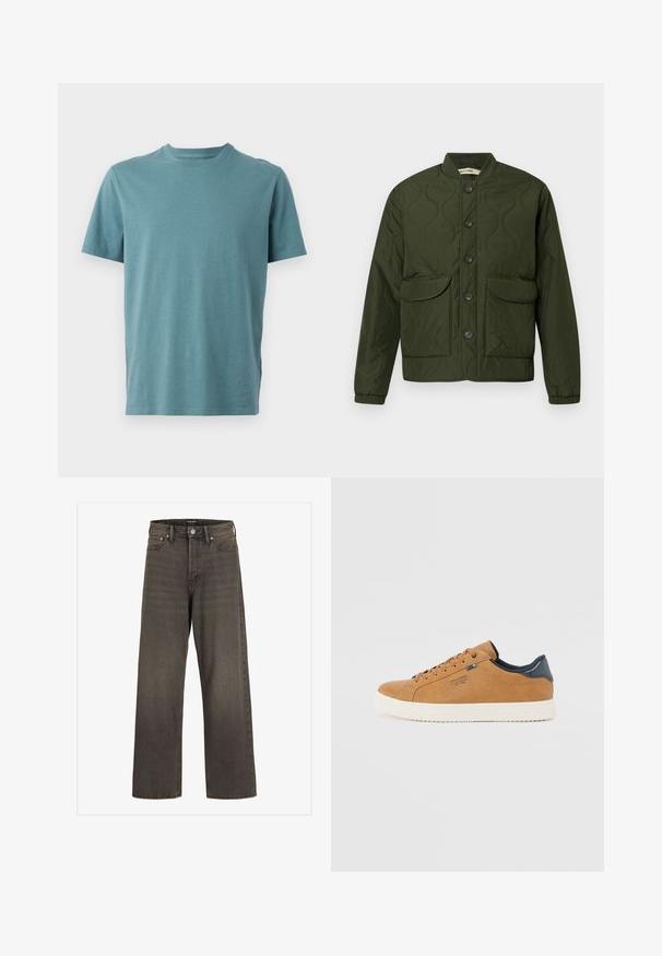 Casaco acolchoado verde com fecho de botões na frente, dois grandes bolsos com aba, punhos canelados e colarinho arredondado. Padrão texturizado em toda a peça.; T-shirt de algodão em teal com decote redondo, mangas curtas e um corte descontraído. Textura suave sem padrões ou elementos em destaque visíveis.; Jeans de perna larga em denim cinza escuro, com cintura alta, design clássico de cinco bolsos e costura em contraste ao longo das costuras.; Sapatilha de couro castanho com sola de borracha branca, com atacadores redondos, um detalhe azul e uma textura suave. Design simples e de perfil baixo.