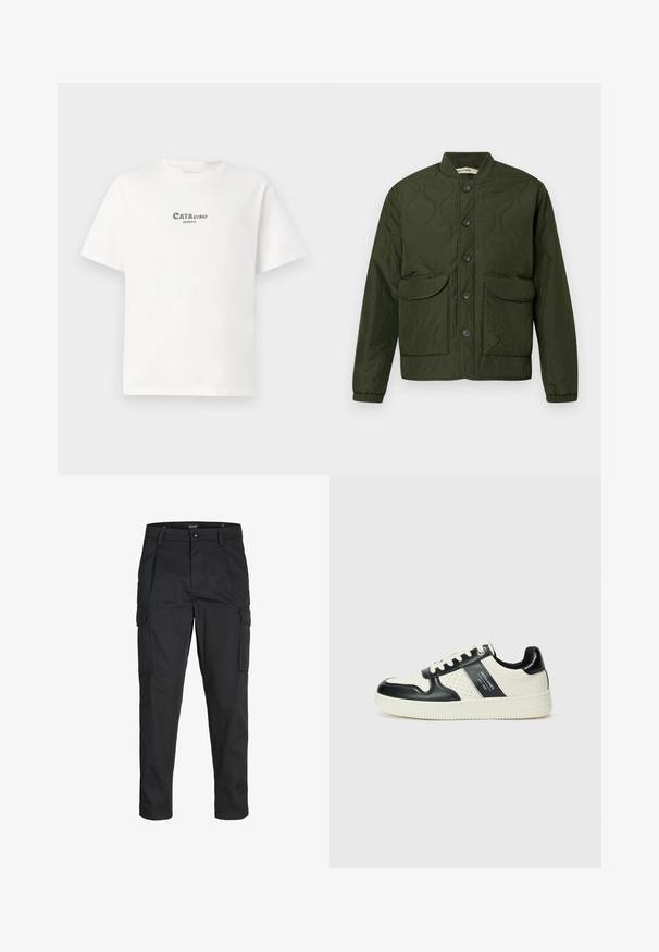 Zelena jakna od kvadratnog materijala s gumbima sprijeda, dvije velike džepne preklopne džepove, rebraste rukave i zaobljenim ovratnikom. Tekstura uzorka po cijeloj jakni.; Bijela pamučna majica s kratkim rukavima s zelenim grafičkim otiskom s natpisima "CATAVINO" i "BENICO" sprijeda.; Crne cargo hlače izrađene od čvrstog materijala, s brojnim džepovima, kopčanjem na gumb i dizajnom koji pomaže da se prilagode tijelu sa suženim nogavicama.; Kožne tenisice s crno-bijelom paletom boja, koje imaju perforirane akcentne detalje, podstavljeni ovratnik i teksturiranu potplat.