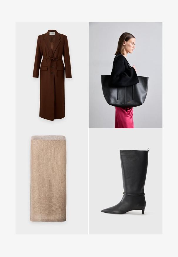 Palton lung maro din lână, cu rever, nasturi în față, curea la talie și două buzunare frontale cu clapetă, prezentat pe un fundal alb.; Pulover negru cu guler înalt, realizat dintr-un material moale, având accente cu nervuri la guler și la mansete, cu o croială relaxată și slituri laterale.; Fular tricotat de culoare bej, cu un luciu subtil, finisaj texturat și o margine de culoare mai deschisă la partea superioară. Formă rectangulară.; Botă din piele neagră, până la genunchi, cu vârf ascuțit, accentuată de o curea circulară în jurul gleznei și un toc jos, îngustat. Textură netedă.; Geantă tote din piele neagră cu un finisaj texturat, având două linii verticale, bretele duble pentru umăr și un design minimalist.