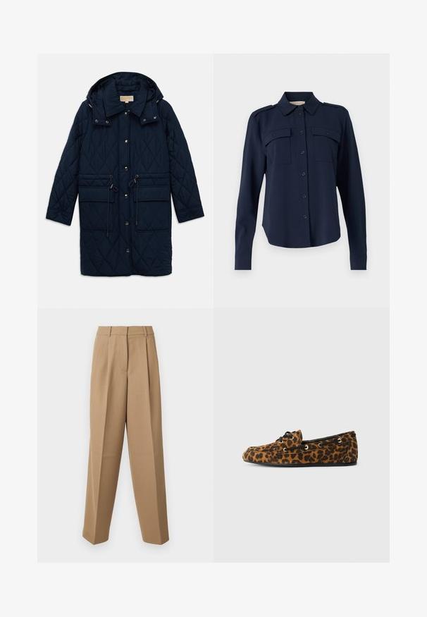 Tumesinine vatitatud pikk jakk, millel on nupud, reguleeritavad tõmblukud puusas, suured esikotid ja kinnitatud kapuuts.; Tumedatane nööbiga särk, mis on valmistatud pehmest kangast. Omab kahte rinna taskut, õlavarre epauletti ning pikki varrukaid nööpidega mansettidega.; Beige ülihästi istuvad püksid kõrge vöökohtaga, kortsunud esiosas ja laia säärega lõikega. Kanga pind näeb välja sile ja kerge läikega.; Leopardi mustri loaferid pehme tekstuuri, ümar kuju, mustad paelad ja kuldsed silmad, millel on lame kummist talla.