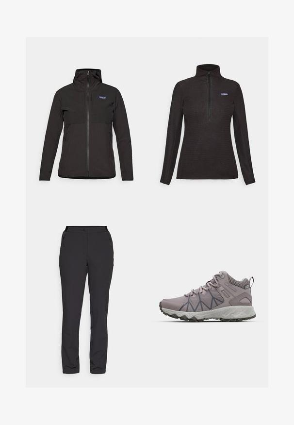 Schwarze Patagonia Zip-Up-Jacke mit Kapuze, langen Ärmeln, Fronttaschen und einem kleinen Logo auf der linken oberen Brust.; Schwarzer, strukturiert-flauschiger Pullover mit langen Ärmeln, einem Viertel-Reißverschluss und einem kleinen Logopatch auf der linken Brust.; Schwarze Outdoor-Hosen aus leichtem Material, mit geradem Bein, Reißverschlusstaschen an den Seiten und einem verstellbaren Bund.; Helle lila Wanderschuhe mit Obermaterial aus Mesh und Synthetik, strukturierten Mustern an den Seiten, dämpfender Zwischensohle und robustem Gummiaußensohle.