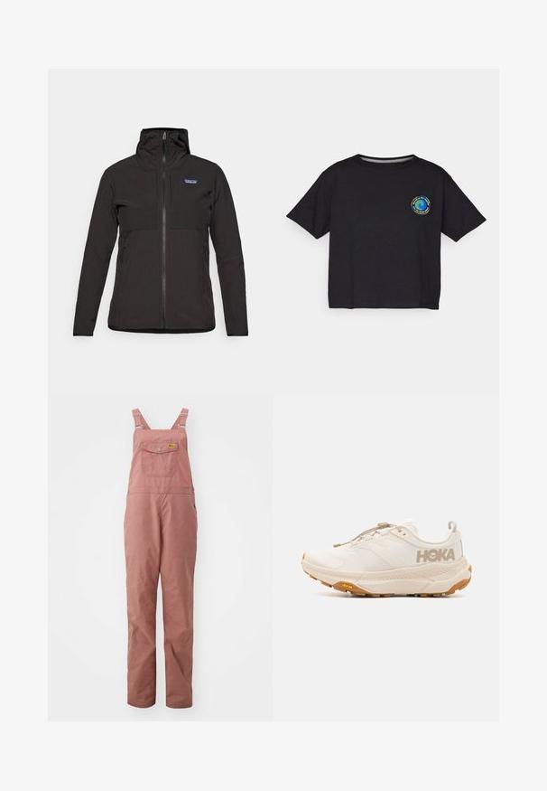 Czarna kurtka zip-up Patagonia z kapturem, długimi rękawami, przednimi kieszeniami i małym logo na górnej lewej stronie klatki piersiowej.; Czarna bawełniana koszulka z krótkim rękawem z okrągłym, wielokolorowym logo na piersi. Prosty dół i luźny krój.; Fjällräven VARDAG jasnoróżowy; HOKA TRANSPORT beżowy