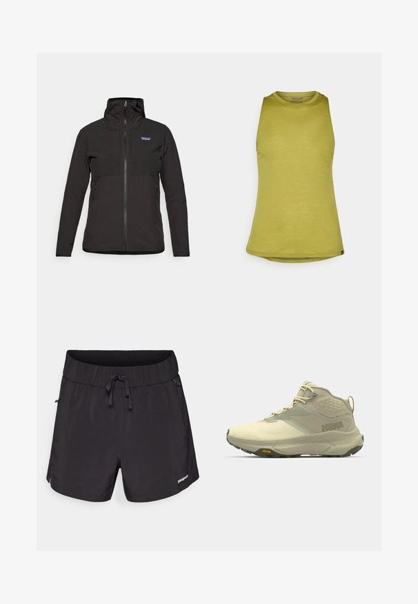 Casaco preto Patagonia com fecho éclair e capuz, mangas longas, bolsos frontais e um pequeno logótipo no canto superior esquerdo do peito.; Top sem mangas de cor verde oliva com um decote redondo, feito de um tecido suave, apresentando um ajuste ligeiramente relaxado e uma bainha curvada.; Fato de banho preto feito de tecido leve, com uma cintura elástica, cordão e bolsos laterais para maior funcionalidade.; Bota de caminhada Hoka em bege claro, com um upper texturizado, fecho de atacadores e sola Vibram. Logótipo lateral distintivo e design de suporte.