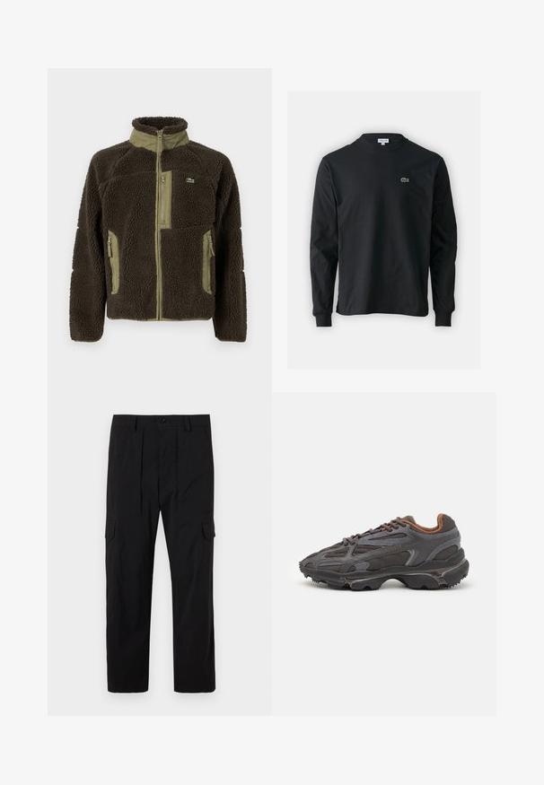 Casaco de fleece castanho escuro com gola alta, detalhes em verde-azeitona, frente com fecho zip e bolsos laterais, e uma superfície macia e texturada.; Camisola preta de manga longa feita de algodão, com decote redondo e um pequeno logótipo de crocodilo bordado em verde no lado esquerdo do peito.; Calças cargo pretas feitas de tecido leve, com um design de perna reta, pregas frontais, bolsos laterais e fecho por botão.; Ténis Lacoste em cinza-escuro com material em malha e sintético, apresentando uma sola texturizada e detalhes castanhos na gola e na marca.