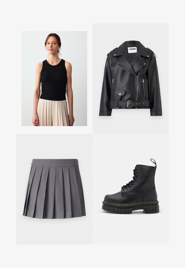 Zwarte nepleer motorjack met zilveren ritssluitingen, ceintuur in de taille en epauletten. Voorzien van een brede kraag en een asymmetrische ritssluiting aan de voorkant.; Grijze gebreide cardigan met een hoge kraag, ritsluiting en twee voorzakken. Het heeft een zachte textuur en ribbels bij de mouwen en onderkant.; Zwarte geribbelde tanktop met een ronde halslijn en mouwloos ontwerp, gecombineerd met een lichtbeige geplooide rok. Gladde textuur, aansluitende pasvorm.; SOMETHINGNEW SNMEGAN MINI - Plooirok - harbor mist; Zwarte leren veterschoen met een stevige zool, gele stiksels, ronde neus en een treklip aan de achterkant voor eenvoudig aantrekken.
