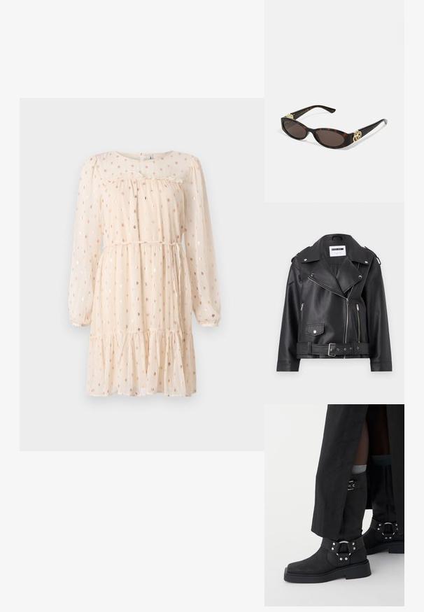 Mustast faux-nahast motorratturite jope, millel on hõbedased tõmblukud, vöökoht ja õlavarreklapid. Omab laia kraed ja asümmeetrist esi tõmblukku.; Helebeige kleit pikkade, puhvis varrukatega, millel on kuldsed täpilised mustrid, kogutud rinnaosa ja kihiline volangiga alläär.; Mustadest nahast mustad pahkluu saapad, millel on mati viimistluse, ruudukujuline varvas ja dekoratiivsed pannal. Tallad on suuremad ja tekstureeritud.; Kilpkonnakilbi stiilis prillid piklik-ovaalsete läätsede, pruunika tooniga, kuldsete logo aktsentidega templitel ja elegantsed mustad varred.