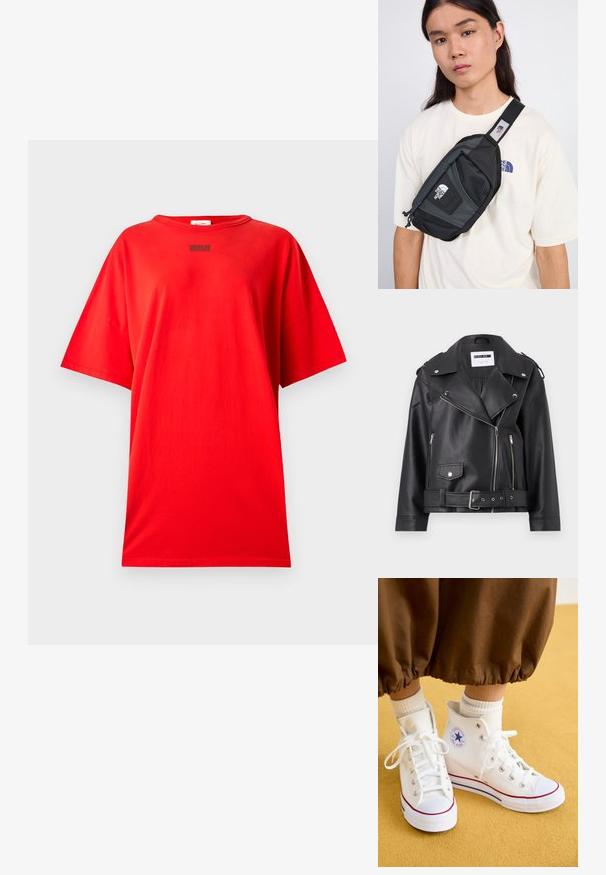 Črna cowboy jakna iz umetnega usnja s srebrnimi zadrgami, pasom in epauleti. Ima širok ovratnik in asimetrično zadrgo spredaj.; Rde velika majica z okroglim ovratnikom, narejena iz bombaža, s kratkimi rokavi. Ima tiskano besedilo spredaj. Gladka tekstura.; Beli visoki platneni čevelji s gumijastim podplatom, ki imajo srebrne oči, rdečo in modro obrobo ter okrogel logotip na gležnju.; The North Face PACK UNISEX - Torbica za okoli pasu - black/asphalt grey