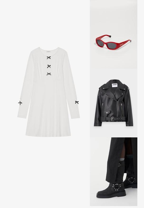 Čierna faux kožená biker bunda so striebornými zipsami, pásom a epauletmi. Má široký golier a asymetrické zapínanie na zips vpredu.; Biely dlhý rukáv šaty vyrobené z rebrovanej látky, s tromi čiernymi mašľami vpredu a so štyrmi na rukávoch. Okrúhly výstrih, A-dĺžkový strih.; Čierne členkové topánky vyrobené z kože s matným povrchom, so štvorcovou špičkou a dekoratívnymi prackami. Podrážka je robustná a textúrovaná.; Červené plastové slnečné okuliare so štíhlym, oválnym rámom. Obsahujú tmavé šošovky a zlaté logo na strane. Čierne akcenty na koncoch straníc.