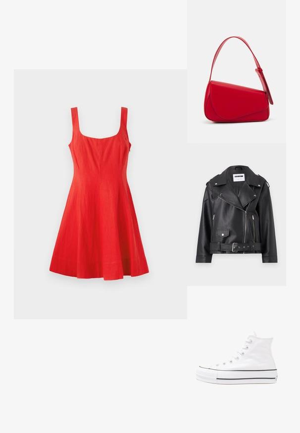 Schwarze Kunstleder-Bikerjacke mit silbernen Reißverschlüssen, Taillengürtel und Schulterklappen. Verfügt über einen breiten Kragen und einen asymmetrischen Frontreißverschluss.; Rotes Leinen-Ärmelkleid mit quadratischem Ausschnitt, tailliertem Oberteil und ausgestellt Rock. Glatte Textur, minimalistisches Design und keine sichtbaren Details.; Weiße hochwertige Leinensneaker mit schwarzer Gummisohle, vorderem Gummizehenschutz und sechs Ösen für Schnürsenkel, die ein sauberes, minimalistisches Design aufweisen.; Rote Lederhandtasche mit einem kantigen, geometrischen Design. Verfügt über einen verstellbaren Schulterriemen und einen Klappenverschluss mit genähten Details.