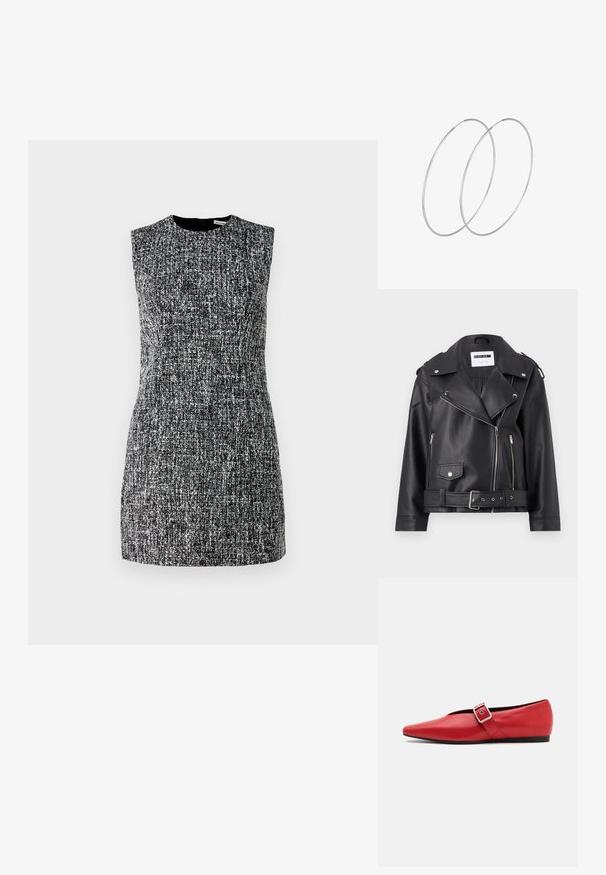 Črna cowboy jakna iz umetnega usnja s srebrnimi zadrgami, pasom in epauleti. Ima širok ovratnik in asimetrično zadrgo spredaj.; Bez rokavov obleka iz teksturiranega črno-belega materiala, z okroglim izrezom in zadrgo na hrbtni strani. Kratek, prilegajoč se silhuet.; Rdeče usnjene balerinke s koničastim nosom, z bočnim trakom z kovinsko sponko in nizko črno peto. Gladka tekstura po celotni površini.; Srebrna kovinska torbica z mehko, zaobljeno obliko in zavezano zgornjo zaporo. Narejena iz gladkega umetnega usnja.; Srebrne uhane v obliki obroča z minimalističnim dizajnom. Krožna oblika, gladka tekstura in tanek profil. Lahki s poliranim zaključkom.