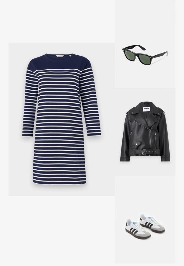 Jaqueta de motoqueiro em faux couro preto com zíperes prateados, cintura com cinto e epauletes. Apresenta um colarinho largo e fecho assimético na frente.; Vestido azul-marinho com riscas brancas horizontais, mangas longas, decote redondo e um pequeno logótipo no peito. Textura de tecido suave.; Ténis desportivos com um cabedal em pele branca, biqueira em camurça cinza e três riscas pretas. Apresenta um logo azul na língua e uma sola de borracha texturizada.; Óculos de sol de plástico preto com lentes verdes, armações quadradas, detalhe prateado na sobrancelha e hastes texturizadas. Marca indicada na parte interna da haste.