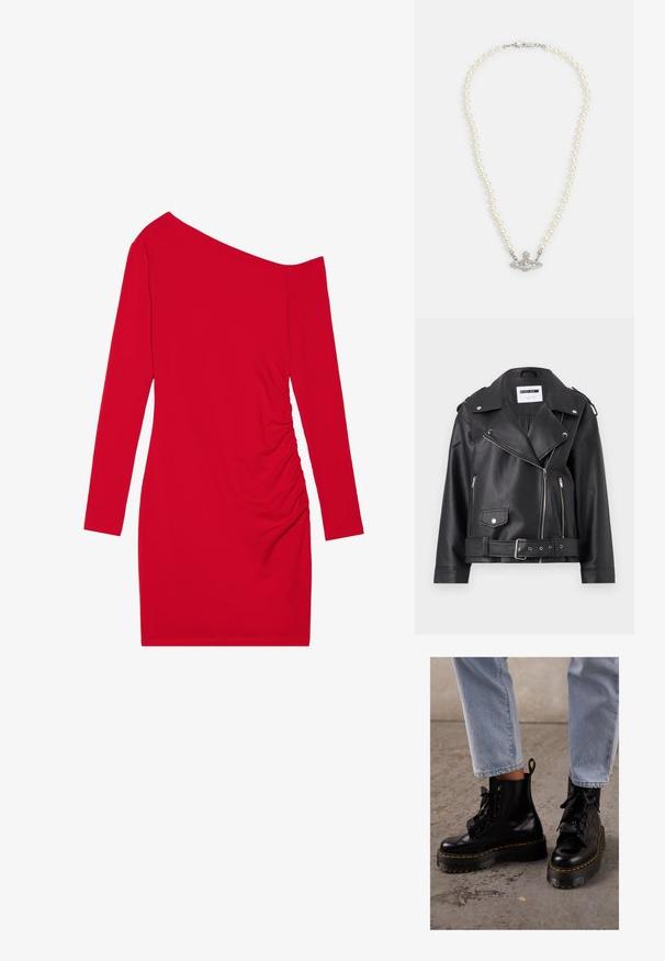 Zwarte nepleer motorjack met zilveren ritssluitingen, ceintuur in de taille en epauletten. Voorzien van een brede kraag en een asymmetrische ritssluiting aan de voorkant.; Rode lange mouwen jurk met een asymmetrische halslijn, geplooide textuur aan één zijde en een getailleerd silhouet. Gemaakt van rekbare stof.; Zwarte leren enkellaarsjes met een chunky zool, ronde neus, lintveters, gele stiksels en een treklipje aan de achterkant.; Zwarte clutch met krokodillenpatroon en zilverkleurige hardware, vastgehouden tegen een gestructureerde grijze achtergrond. Heeft een glanzend oppervlak.; Parelketting met een zilverkleurige sluiting. Kenmerkt ronde witte parels en een decoratief, met rhinestones bezet middelpunt.