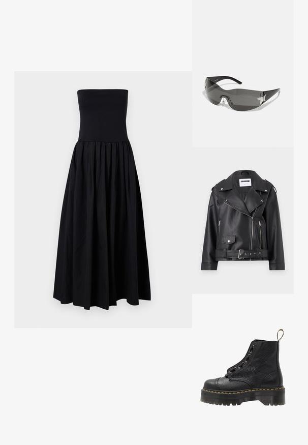 Juodas dirbtinės odos motociklininkų švarkas su sidabriniais užtrauktukais, diržu juosmens srityje ir epauletėmis. Yra plati apykaklė ir asimetriška priekinių užtrauktukų uždarymo sistema.; Juoda be petnešų maksi suknelė su prigludusia liemene ir raukšlėta, plaukuojančia sijona. Pagaminta iš lygaus audinio, be raštų, vienos spalvos.; Juodas odinis aulinukas iki kulkšnies su tekstūruotu paviršiumi, apvaliu pirštu, raištelių uždarymo dizainu, geltonomis siūlėmis ir storu, briaunotu juodu platformos padu.; Juodos saulės akinius su apvaliu dizainu, tamsiai tonuotais lęšiais, blizgančiais žvaigždės formos akcentais ir reguliuojamomis nosies pagalvėlėmis.