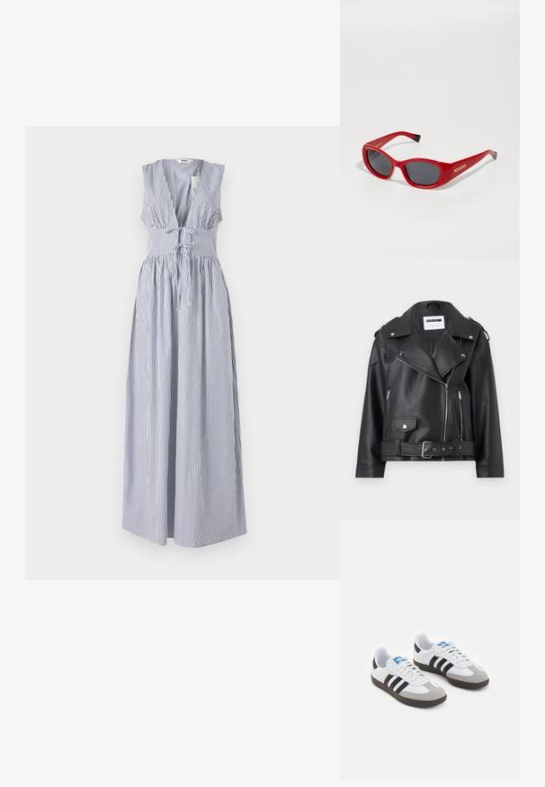 Černá bikerská bunda z umělé kůže se stříbrnými zipy, páskem v pase a epauletami. Obsahuje široký límec a asymetrické přední zapínání na zip.; Pruhované bezrukávové šaty v modré a bílé bavlně, s hlubokým výstřihem do V, opaskem v pase a siluetou ve tvaru A. Hladká textura, dlouhá délka.; Sportovní boty s bílým koženým svrškem, šedou semišovou špičkou a třemi černými pruhy. Obsahují modré logo na jazyku a texturovanou gumovou podrážku.; Červené plastové sluneční brýle se štíhlým oválným rámem. Mají tmavé čočky a zlaté logo na straně. Černé akcenty na koncích ramínek.