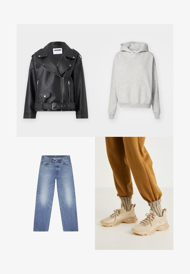 Sort faux læder bikerjakke med sølv lynlåse, bælte i taljen og epauletter. Har krave i bred model og asymmetrisk lynlåslukning foran.; Grå hættebluse med forlommer, snoretræk i hætten og ribbede manchetter. Lavet af blødt, tekstureret stof og har et afslappet fit design.; Lyseblå denim jeans med lige ben, fem-lommes design og synlig falmning på lårene. Har en knaplukning og bæltestropper.; Beige atletiske sko med mesh-overdel, dekorative glimmer og tyk gummisål. Parret med stribede beige sokker og brune joggingbukser.