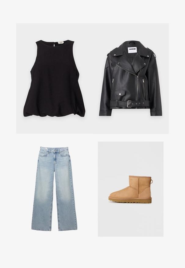 Črna cowboy jakna iz umetnega usnja s srebrnimi zadrgami, pasom in epauleti. Ima širok ovratnik in asimetrično zadrgo spredaj.; Siva kapuca s sproščeno prileganjem, z vrvicami, rebrastimi manšetami in sprednjim žepom. Narejena iz mehke, teksturirane tkanine.; Črna brezrokavna majica s okroglim izrezom, ohlapen kroj in teksturirana tkanina. Ima majhno zadnje odprtino in brez vidne opreme.; Svetlo modri široki jeans iz denima. Ima pet žepov, pasek in gumbasto zapiranje. Obledela pranje z rahlimi gubami.; Rjav nubuk čevlj z gležnjem s okroglo konico, šivanjem, zanko za pomoč pri oblačenju na hrbtni strani in teksturiranim gumijastim podplatom. Zasnovan za udobje in toplino.