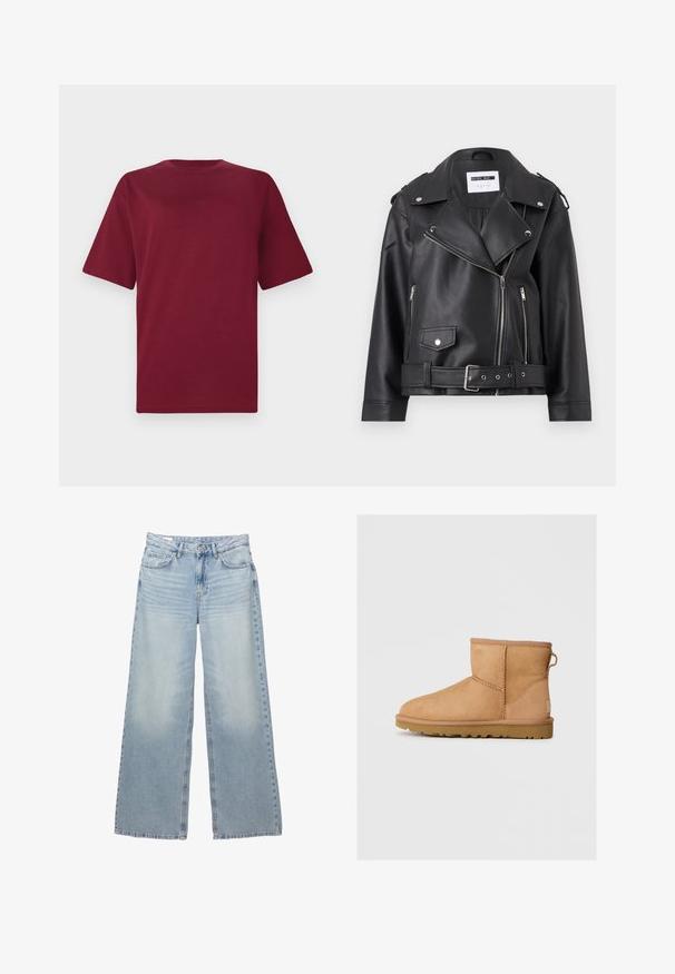 Crna faux kožna biker jakna sa srebrnim patentnim zatvaračima, pojasom u struku i epoletama. Ima široki ovratnik i asimetrično kopčanje na cijeloj dužini.; Sivi kapuljača s opuštenim krojem, s vezicama, rebrastim manžetama i prednjim džepom. Izrađena od meke, teksturirane tkanine.; Crvena pamučna majica kratkih rukava s okruglom izrezom. Ima mali zeleni logo na prsima, ležeran kroj i mekanu teksturu.; Svijetloplave, široke traperice izrađene od denima. Imaju pet džepova, petlje za remen i zakopčavanje na gumb. Izbjeljeni izgled s suptilnim izblijedjivanjem.; Anđeoske čizme od brušene kože u bež boji sa okruglim prstom, šivenim detaljima, petnim trakama i teksturiranim gumenim đonom. Dizajnirane za udobnost i toplinu.