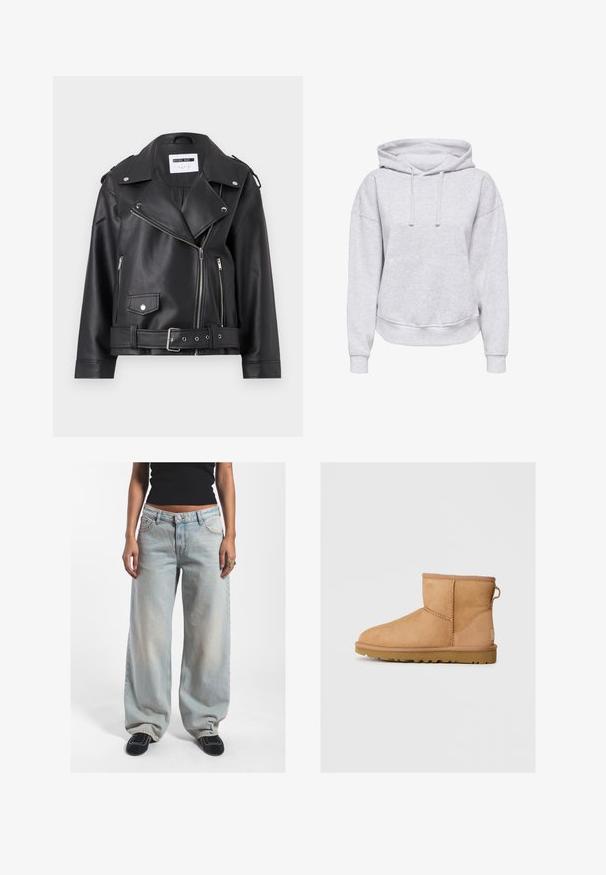 Chaqueta de moto de imitación cuero negra con cremalleras plateadas, cintura ajustable con cinturón y hombreras. Presenta un amplio cuello y un cierre delantero con cremallera asimétrica.; Sudadera con capucha gris de corte relajado, con cordones, puños acanalados y un bolsillo delantero. Fabricada con una suave tela texturizada.; Jeans de mezclilla de tiro alto y pierna ancha en azul claro, con cierre de botón y costuras en la parte superior. Combinados con un top corto negro ajustado.; Botín de ante marrón con punta redonda, detalles de costura, tirador en la parte posterior y suela de goma texturizada. Diseñado para comodidad y calidez.