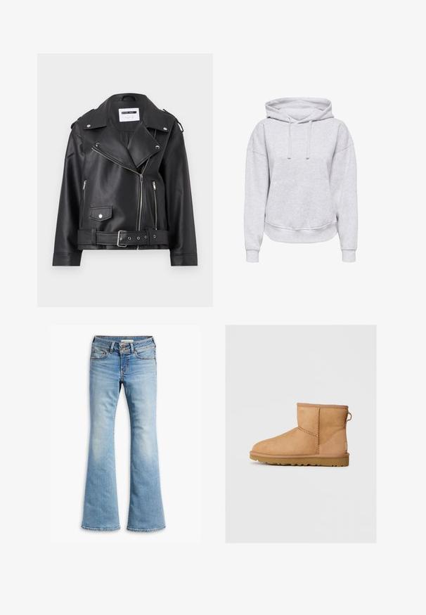 Veste de motard en simili cuir noir avec des zips en argent, taille ceinturée et épaulettes. Présente un large col et une fermeture éclair asymétrique à l'avant.; Sweat à capuche gris avec une coupe décontractée, cordons de serrage, poignets côtelés et une poche avant. Fabriqué en tissu doux et texturé.; Jean bleu clair évasé en denim, avec fermeture à bouton, design à cinq poches et légère décoloration pour un aspect usé.; Bottines en suède beige avec bout rond, détails cousus, tirant à l'arrière et semelle en caoutchouc texturé. Conçues pour le confort et la chaleur.