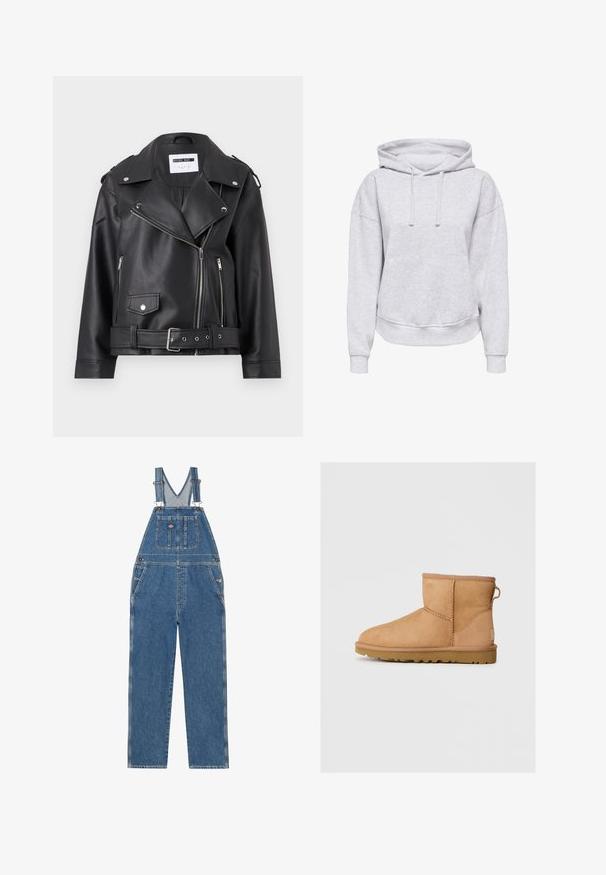 Svart faux skinn bikerjakke med sølvfargede glidelåser, belte i livet og epauletter. Har en bred krage og asymmetrisk frontglidelås.; Grå hettegenser med avslappet passform, snøring, ribbestrikkede mansjetter og en frontlomme. Laget av mykt, strukturert stoff.; Denim jumpsuit med justerbare stropper, V-formet brystlomme, frontlomme og sidelommer. Har en klassisk blå farge og kontraststing.; Suezfargede ankelstøvler med rund tå, syddetaljer, grephank bak og en teksturert gummisåle. Designet for komfort og varme.