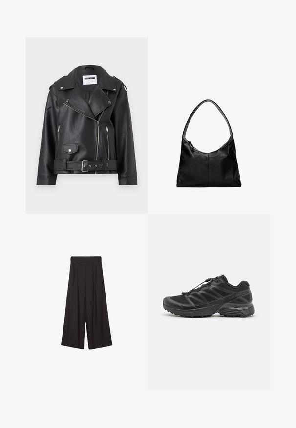 Schwarze Kunstleder-Bikerjacke mit silbernen Reißverschlüssen, Taillengürtel und Schulterklappen. Verfügt über einen breiten Kragen und einen asymmetrischen Frontreißverschluss.; Hellgrauer Pullover-Hoodie aus weichem Baumwollmix. Verfügt über eine Kängurutasche, gerippte Bündchen und eine Kapuze mit Zugband in minimalistischem Design.; Schwarze weit geschnittene Hosen mit gefaltetem Vorderdesign, aus glattem Stoff gefertigt. Sie verfügen über eine hohe Taille und eine entspannte, fließende Silhouette.; Schwarzer Laufschuh mit Obermaterial aus Mesh und Synthetik, flexibler Sohle und elastischen Schnürsenkeln. Verfügt über eine gepolsterte Zwischensohle für zusätzlichen Komfort.; Schwarze Leder-Umhängetasche mit glatter Textur, geschwungenem oberen Rand und einem einzigen Tragegurt. Sie verfügt über einen Reißverschluss und ein minimalistisches Design.