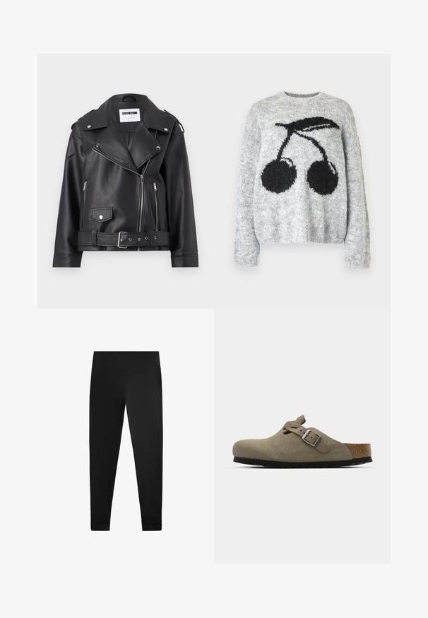 Jachetă de biker din piele sintetică neagră, cu fermoare argintii, talie cu curea și epoleți. Prezintă un guler lat și închidere asimetrică cu fermoar.; Noisy May NMSUTTON CHERRY  - Pulover - light grey melange; Leggings negre dintr-un material neted și elastic. Design cu talie înaltă, detalii la glezne și fără modele vizibile sau accesorii.; Saboturi din suede de culoare verde măsliniu deschis, cu o talpă din plută și cauciuc modelată. Au o curea laterală cu o cataramă metalică și un vârf rotund.