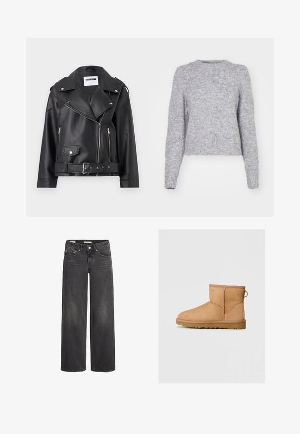 Musta tekonahkainen moottoripyöräjacketti, jossa on hopeiset vetoketjut, vyöllinen vyötärö ja olkalaput. Ominaisuuksiin kuuluu leveä kaulus ja epäsymmetrinen etuvetoketjukiinnitys.; Harmaa neulepaita, jossa on pyöreä kaula-aukko, pitkät hihat ja pehmeä, pörröinen pinta. Ominaisuudet sisältävät lyhennetyn helman ja hieman löysän istuvuuden.; Mustat leveälahkeiset farkut korkealla vyötäröllä, joissa on nappikiinnitys, vyölenkit sekä etu- ja takataskut. Haalistunut tekstuuridetail.; Ruskean mokkasandaalit pyöreällä kärjellä, ommelluilla yksityiskohdilla, takana vetotappi ja teksturoidulla kumipohjalla. Suunniteltu mukavuutta ja lämpöä varten.
