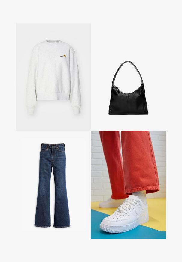 Schwarze Kunstleder-Bikerjacke mit silbernen Reißverschlüssen, Taillengürtel und Schulterklappen. Verfügt über einen breiten Kragen und einen asymmetrischen Frontreißverschluss.; Grauer Rundhalsausschnitt-Pullover aus weichem Material mit gerippten Bündchen und Saum; mit gesticktem Logo auf der Brust in Gelb und Kastanienbraun.; Hochtaillierte dunkelblaue Jeans mit ausgestellten Beinen, Vorderknopf- und Reißverschluss sowie Fünf-Taschen-Design.; Weiße Leder-Sneaker mit perforiertem Zehenbereich, strukturiertem Sohlen und weißen Schnürsenkeln, kombiniert mit weiten roten Hosen und einem blauen und gelben Hintergrund.; Schwarze Leder-Umhängetasche mit glatter Textur, geschwungenem oberen Rand und einem einzigen Tragegurt. Sie verfügt über einen Reißverschluss und ein minimalistisches Design.