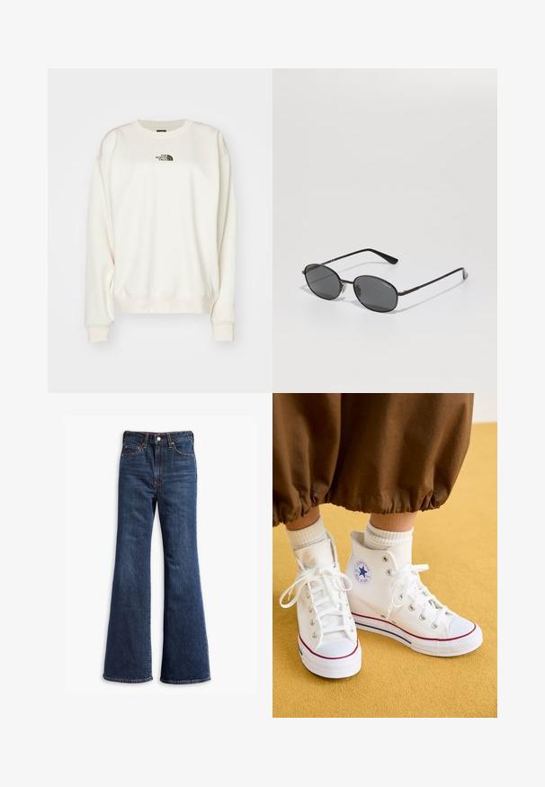 Črna cowboy jakna iz umetnega usnja s srebrnimi zadrgami, pasom in epauleti. Ima širok ovratnik in asimetrično zadrgo spredaj.; The North Face ESSENTIAL OVERSIZE CREW - Športni pulover - white dune; Visoko pasovi temno modri kavbojki z razširjenimi nogami, sprednja zadrga in gumbe, ter zasnova s petimi žepi.; Beli visoki platneni čevelji s gumijastim podplatom, ki imajo srebrne oči, rdečo in modro obrobo ter okrogel logotip na gležnju.; Črne ovalne sončne očala s temnimi lečami, tankim kovinskim okvirjem in ravnimi ročaji. Imajo logotip blagovne znamke na notranji strani ročajev in nosnih blazinicah.; The North Face PACK UNISEX - Torbica za okoli pasu - black/asphalt grey