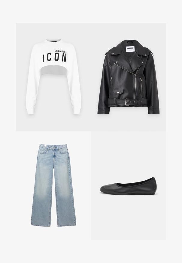 Zwarte nepleer motorjack met zilveren ritssluitingen, ceintuur in de taille en epauletten. Voorzien van een brede kraag en een asymmetrische ritssluiting aan de voorkant.; Witte cropped sweatshirt met lange mouwen, ronde hals en zwart "ICON" logo op de voorkant. Gemaakt van een zachte, gladde stof.; Lichtblauwe, wijdvallende jeans van denim. Heeft vijf zakken, riemlussen en een knoopsluiting. Vervaagde wassing met subtiele slijtage.; Zwarte leren ballerina met een ronde neus, gladde textuur, minimale stikdetails en een flexibele zoolontwerp.