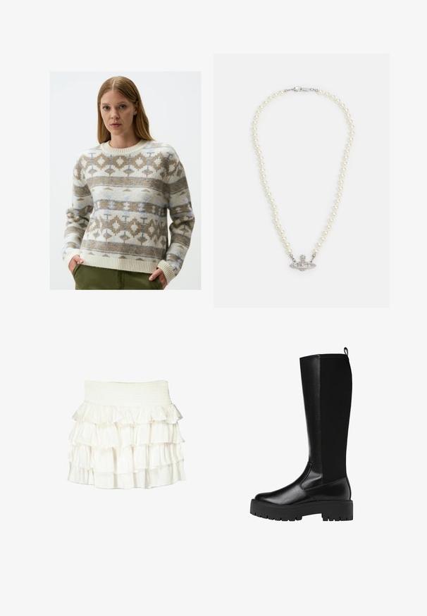 Giacca da motociclista in ecopelle nera con zip argentate, vita con cintura e spalline. Presenta un colletto ampio e una chiusura frontale con zip asimmetrica.; Maglione lavorato a maglia con una base color avorio e motivi geometrici in marrone e blu. Collo rotondo, polsini a coste e orlo, realizzato in materiale morbido.; Gonna bianca con ruches e vita arricciata. Presenta volant sovrapposti in tessuto trasparente che creano un aspetto texturizzato e fluttuante.; Stivali neri sintetici al ginocchio con una finitura liscia e testurizzata e suola in gomma spessa. Presentano un'etichetta sul retro per una facile calzata.; Collana di perle con chiusura in tono argento. Caratterizzata da perle bianche rotonde e un centro decorativo impreziosito da strass.