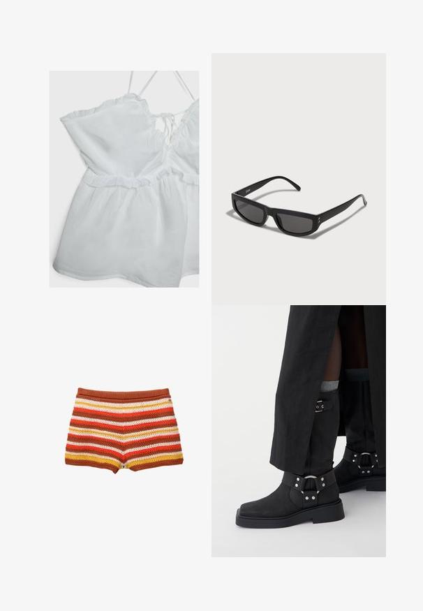 Black faux leather biker jacket with silver zippers, belted waist, and epaulets. Features a wide collar and asymmetric front zip closure.; White sleeveless top with ruffled edge, adjustable straps, and a cinched waist. Made from lightweight fabric with a soft texture.; Crochet shorts featuring horizontal stripes in red, orange, yellow, and white, with a solid brown waistband. Soft, textured fabric.; Black ankle boots made of leather with a matte finish, a square toe, and decorative buckles. The sole is chunky and textured.; Black sunglasses with a rectangular frame, featuring dark lenses and thin temples. Golden accents near the hinges.