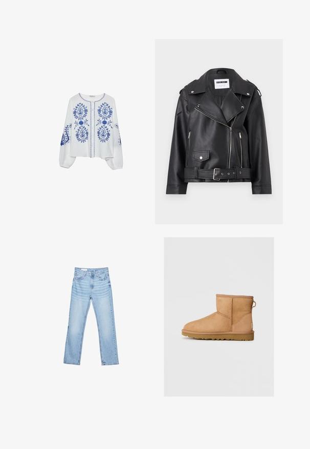 Čierna faux kožená biker bunda so striebornými zipsami, pásom a epauletmi. Má široký golier a asymetrické zapínanie na zips vpredu.; Stradivarius EMBROIDERED - Blúzka - blue; Svetlomodré denimové nohavice so straight strihom, päť vreckami a viditeľným prešívaním. Stredne vysoký pás s klasickým zapínaním na gombík a zips.; Svetlohnedé semišové členkové topánky s okrúhlou špičkou, prešívaním, pútkom na zadnej strane a textúrovanou gumovou podrážkou. Navrhnuté pre pohodlie a teplo.