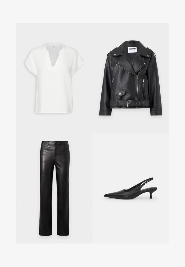 Mustast faux-nahast motorratturite jope, millel on hõbedased tõmblukud, vöökoht ja õlavarreklapid. Omab laia kraed ja asümmeetrist esi tõmblukku.; Valge lühikese varrukaga särk V-kaelusega, valmistatud struktuuriga kangast, millel on lõdvestatud lõige ja peene õmblustöö.; Musta nahkpüksid sirge lõikega, millel on nööbiga sulgur ja eesmist kotid. Sile tekstuur koos peene tikandiga detailidega.; Mustmustast musta nahast slingback king, millel on terav varvas ja kitsas, kumer konts. Omab diskreetset reguleeritavat rihma metallist pandlaga.