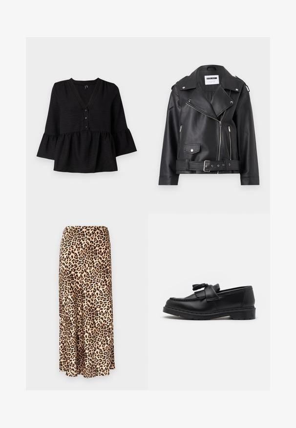 Giacca da motociclista in ecopelle nera con zip argentate, vita con cintura e spalline. Presenta un colletto ampio e una chiusura frontale con zip asimmetrica.; Blusa nera con scollo a V, chiusura con bottoni e maniche a campana con orlo arricciato. Realizzata in tessuto testurizzato con una vestibilità ampia.; Gonna lunga con stampa leopardata realizzata in tessuto liscio. Base beige con macchie nere e marroni. Design svasato con orlo dritto.; Mocassino in pelle nera con dettagli a frangia, cuciture lungo il bordo e una suola in gomma spessa per una maggiore durata.