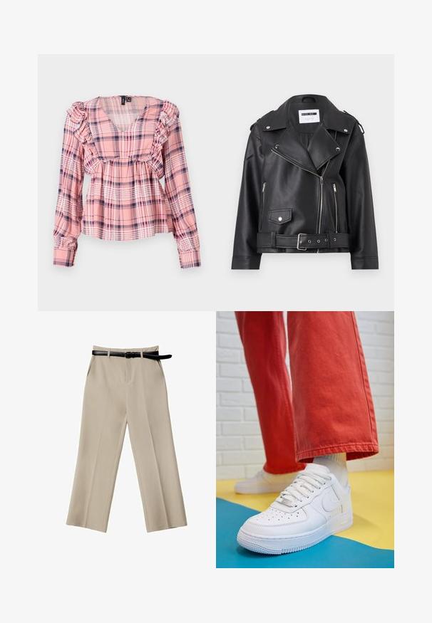 Czarna kurtka motocyklowa z sztucznej skóry z srebrnymi zamkami błyskawicznymi, paskiem w talii i naramiennikami. Posiada szeroki kołnierz i asymetryczne zapięcie na zamek błyskawiczny z przodu.; Różowa koszula w kratę z długim rękawem, dekoltem w serek, falbaniaste ramiona i elastyczną talią. Posiada białe i granatowe akcenty w wzorze.; Beżowe spodnie z szerokimi nogawkami, o gładkiej fakturze, z avant kołkami z przodu i czarnym skórzanym paskiem. Dopasowany krój z wyraźnymi fałdami.; Białe skórzane sneakersy z perforowanym czubkiem, teksturowaną podeszwą i białymi sznurowadłami, w połączeniu z szerokimi czerwonymi spodniami na niebiesko-żółtym tle.