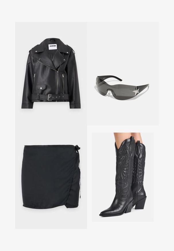 Zwarte nepleer motorjack met zilveren ritssluitingen, ceintuur in de taille en epauletten. Voorzien van een brede kraag en een asymmetrische ritssluiting aan de voorkant.; Bloemige mesh tanktop in roze, paars en groene tinten. Heeft zwarte kanten bandjes en kleurrijke strasstenen versieringen aan de voorkant.; Zwarte zwemrok met een wikkeldesign, gemaakt van lichtgewicht stof. Kenmerkt zich door een zijstriksluiting en een gladde textuur.; Zwarte leren cowboylaarzen met complexe geperste ontwerpen, een puntige neus en een stevige hak. Voorzien van gestikte accenten en trekbanden.; Zwarte zonnebril met een wrap-around ontwerp, donkergetinte glazen, glanzende stervormige accenten en verstelbare neussteunen.; Rode glanzende leren handtas met een driehoekige vorm, brede opening aan de bovenkant en een enkele gebogen handgreep. Gladde textuur met minimale stikseldetails.