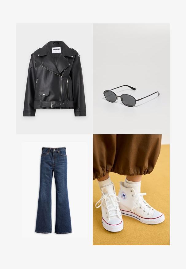 Svart bikermantel i konstläder med silverfärgade dragkedjor, bälte i midjan och axelklaffar. Har en bred krage och asymmetrisk dragkedjestängning framtill.; Två bomullstopp i vitt och svart. Varje topp har en djup krage och tunna axelband, med en slät och mjuk textur.; Höga mörkblå denimjeans med utställda ben, frontknapp och dragkedjestängning samt femficksdesign.; Vita högskaftade canvas sneakers med gummisula, med silverfärgade öglor, en röd och blå kant och en cirkulär logotyp vid ankeln.; Svarta ovala solglasögon med mörka linser, tunn metallram och raka glasögonbågar. Har varumärkeslogotyp på den inre armen och näskuddar.; The North Face PACK UNISEX - Bältesväska - black/asphalt grey