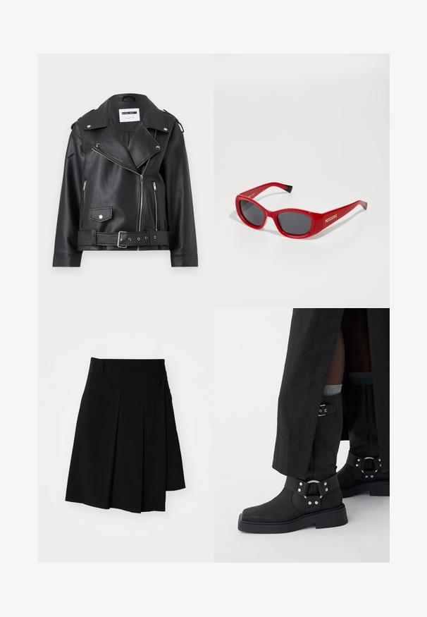 Black faux leather biker jacket with silver zippers, belted waist, and epaulets. Features a wide collar and asymmetric front zip closure.; Black short-sleeve t-shirt made of smooth fabric. Features a round neckline and a relaxed fit with a straight hemline.; Weekday PLEATED MIDI SKIRT - Wrap skirt - black; Black ankle boots made of leather with a matte finish, a square toe, and decorative buckles. The sole is chunky and textured.; Red plastic sunglasses with a slim, oval frame. Features dark lenses and gold branding on the side. Black accents on the temple ends.
