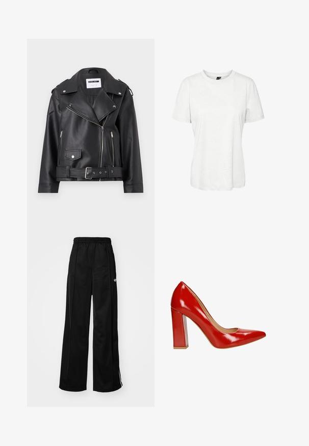 Czarna kurtka motocyklowa z sztucznej skóry z srebrnymi zamkami błyskawicznymi, paskiem w talii i naramiennikami. Posiada szeroki kołnierz i asymetryczne zapięcie na zamek błyskawiczny z przodu.; Biała koszulka z krótkim rękawem wykonana z bawełny, z okrągłym dekoltem i luźnym krojem. Gładka tekstura, bez widocznych wzorów czy ozdób.; Czarne szerokie spodnie dresowe z elastycznym pasem, z białymi paskami po bokach i małym logo na lewym biodrze. Gładka tekstura materiału.; Czerwone lakierowane szpilki na wysokim obcasie z ostrym noskiem i grubym słupkiem. Gładka tekstura z błyszczącym wykończeniem i minimalnym zdobieniem.
