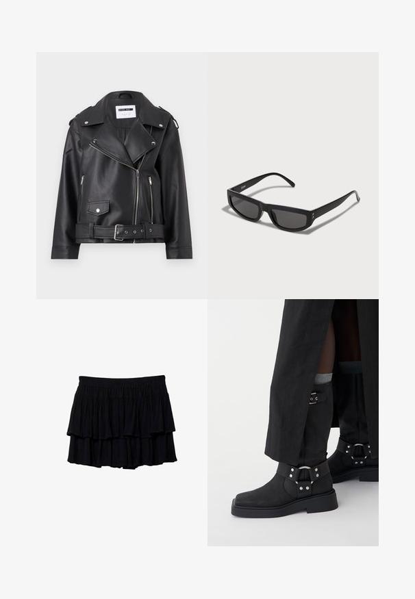 Sort faux læder bikerjakke med sølv lynlåse, bælte i taljen og epauletter. Har krave i bred model og asymmetrisk lynlåslukning foran.; Hvid bomulds T-shirt med et rødt kirsebær grafik og grønne blade, korte ærmer og rund halsudskæring. Blød tekstur, afslappet design.; Sort lagkage mini nederdel med en flæset design, blødt stof og en elastisk talje for komfort. Let og flydende tekstur med lagdelte tier.; Sorte ankelstøvler lavet af læder med en mat overflade, firkantet tå og dekorative spænder. Sålen er chunky og struktureret.; Sorte solbriller med rektangulært stel, der har mørke linser og tynde stænger. Gyldne detaljer nær hængslerne.