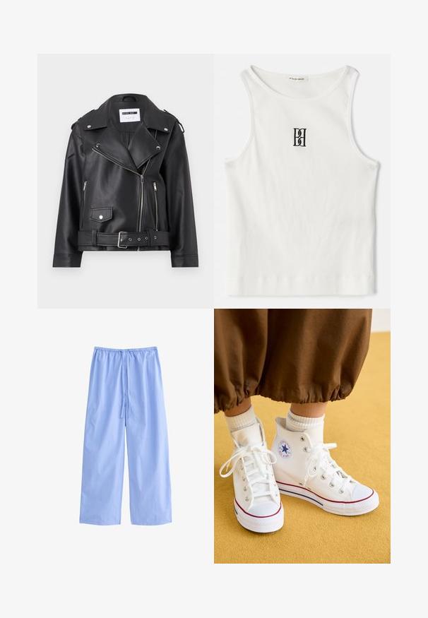 Zwarte nepleer motorjack met zilveren ritssluitingen, ceintuur in de taille en epauletten. Voorzien van een brede kraag en een asymmetrische ritssluiting aan de voorkant.; Witte geribde tanktop met een zwart geborduurd logo in het midden van de borst. De halslijn en armsgaten zijn afgewerkt met een subtiele bies.; Lichtblauwe, wijde broek gemaakt van een zachte stof met verticale witte strepen. Voorzien van een elastische tailleband met een trekkoord voor aanpassing.; Witte hoge canvas sneakers met een rubberen zool, voorzien van zilveren oogjes, een rode en blauwe rand en een circulair logo op de enkel.