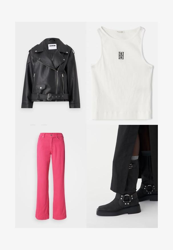 Jachetă de biker din piele sintetică neagră, cu fermoare argintii, talie cu curea și epoleți. Prezintă un guler lat și închidere asimetrică cu fermoar.; Top din bumbac alb cu nervuri, având un logo brodat negru centrat pe piept. Decolteul și brațele sunt terminate cu o margine subtilă.; Pantaloni largi roz, din bumbac, cu un nasture în față, fermoar și design clasic cu cinci buzunare. Textură netedă și croială regulară.; Cizme negre până la gleznă, din piele cu finisaj mat, cu vârf pătrat și catarame decorative. Talpa este groasă și texturată.