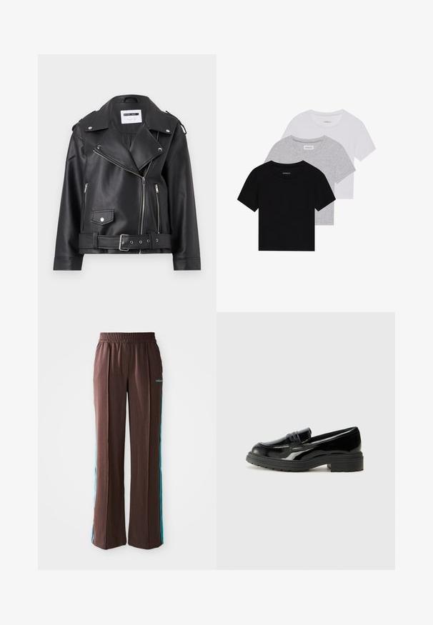 Čierna faux kožená biker bunda so striebornými zipsami, pásom a epauletmi. Má široký golier a asymetrické zapínanie na zips vpredu.; Sada troch tričiek s krátkym rukávom v čiernej, šedej a bielej farbe. Vyrobené z bavlny, s okrúhlym výstrihom a jednoduchým, jednofarebným dizajnom.; Hnedé športové nohavice s rebrovou textúrou, elastickým pásom a tyrkysovými bočnými pruhmi. Na prednej strane sa nachádza logo adidas.; Čierne lakované kožené mokasíny s hrubou čiernou gumovou podrážkou, so šitým vampom a hladkým, lesklým povrchom.