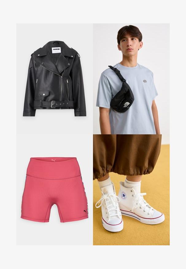 Čierna faux kožená biker bunda so striebornými zipsami, pásom a epauletmi. Má široký golier a asymetrické zapínanie na zips vpredu.; Sada troch tričiek s krátkym rukávom v čiernej, šedej a bielej farbe. Vyrobené z bavlny, s okrúhlym výstrihom a jednoduchým, jednofarebným dizajnom.; Ružové športové šortky s vysokým pásom, s farebnými vzorovanými bočnými panelmi a čiernym logom na dolnom pravom boku.; Biele vysoké plátené tenisky s gumovou podrážkou, so striebornými očkami, červeným a modrým lemovaním a kruhovým logom na členku.; Čierna nylonová crossbody taška s nastaviteľným popruhom, so zaslúženým bielym logom. Nosená cez svetlomodré tričko. Jednoduchý, funkčný dizajn.