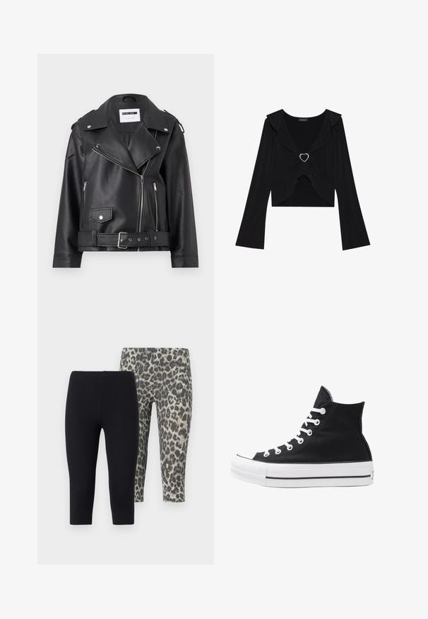 Musta tekonahkainen moottoripyöräjacketti, jossa on hopeiset vetoketjut, vyöllinen vyötärö ja olkalaput. Ominaisuuksiin kuuluu leveä kaulus ja epäsymmetrinen etuvetoketjukiinnitys.; Mustat, pitkät hihat omaava paita, jossa on röyhelökaulus ja sydämen muotoinen metallikoriste edessä. Pehmeä materiaali, lyhyt malli ja valuva hihojen muoto.; Kaksi paria lyhyitä leggingsejä: yksi täysin musta, toinen harmaalla leopardikuvioinnilla. Pehmeä, joustava kangas elastisella vyötärönauhalla.; Korkean ylösulkeutuvan mustan kankaan lenkkitossun, jossa on valkoiset rei'itykset, nauhat ja kumipohja. Sisältää teksturoituneen kärkitilan ja musta-valkoiset raidat.