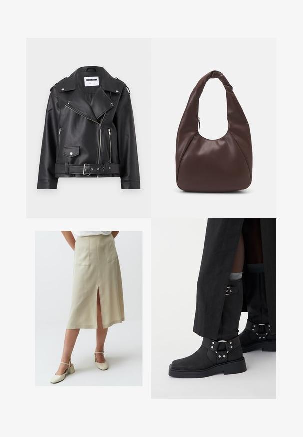 Schwarze Kunstleder-Bikerjacke mit silbernen Reißverschlüssen, Taillengürtel und Schulterklappen. Verfügt über einen breiten Kragen und einen asymmetrischen Frontreißverschluss.; Weißes ärmelloses Tanktop aus geripptem Stoff, mit rundem Ausschnitt und figurbetonter Silhouette, minimalen Nähten und ohne Verzierungen.; Jimmy Key A-Linien-Rock - taş; Schwarze Ankle Boots aus Leder mit mattem Finish, rechteckiger Zehenpartie und dekorativen Schnallen. Die Sohle ist klobig und strukturiert.; Braune Leder-Hobo-Tasche mit einem geschwungenen Schulterriemen, weicher Textur und einer seitlichen Reißverschlusstasche für zusätzliche Funktionalität.