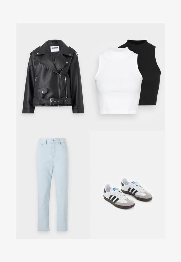 Chaqueta de moto de imitación cuero negra con cremalleras plateadas, cintura ajustable con cinturón y hombreras. Presenta un amplio cuello y un cierre delantero con cremallera asimétrica.; Dos tops sin mangas de cuello alto en negro y blanco, con un diseño ajustado y una textura suave, de longitud cropped.; Jeans de pierna recta de talle alto en azul claro, con bolsillos frontales, pasadores para cinturón, cierre de botón y costuras visibles a lo largo de las piernas.; Zapatillas deportivas con parte superior de piel blanca, puntera de ante gris y tres rayas negras. Presentan un logo azul en la lengüeta y una suela de goma texturizada.
